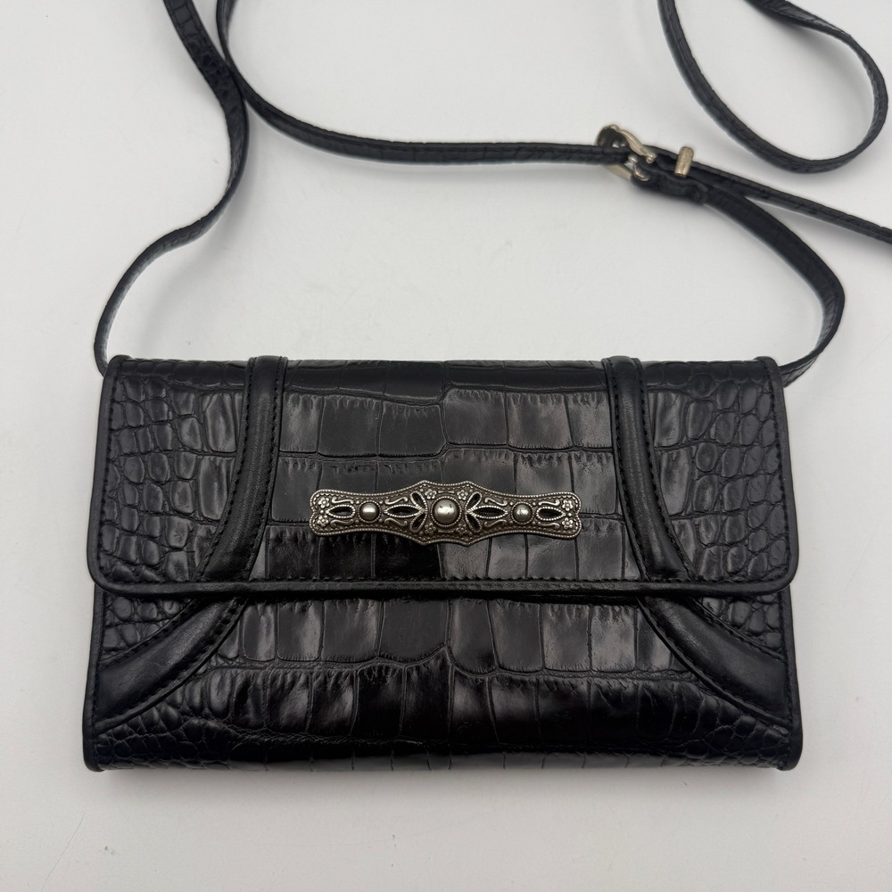 Brighton Large Clutch Wallet Crossbody Womens OS Black Croc Embossed